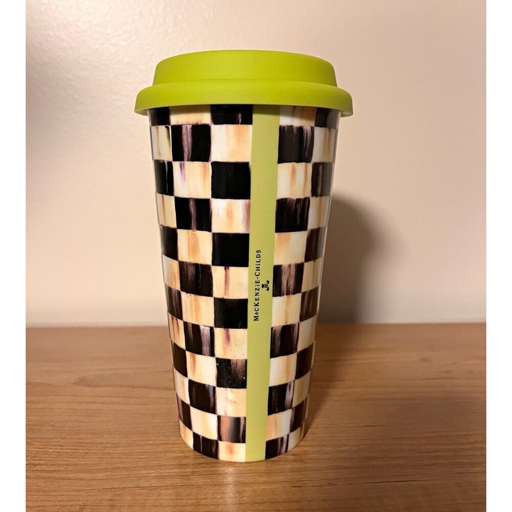 MacKenzie-Childs Checked Travel Mug 12 fl oz Ceramic w/ Green Silicone Lid